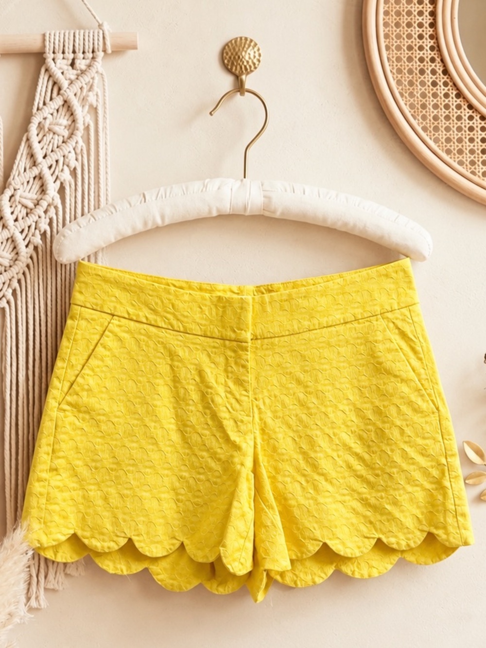 Crown & Ivy Yellow Scalloped High-Waist Shorts